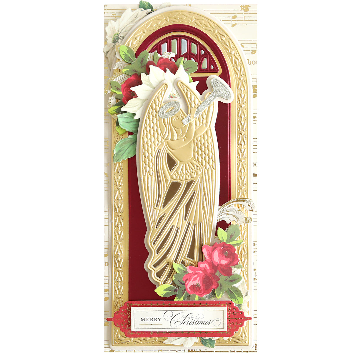 A gold angel with a trumpet decorates an ornate window frame with floral accents and a "Merry Christmas" sign below, set against sheet music—perfect inspiration for your Angelic 3D Slimline Dies holiday projects or elegant Christmas cards.