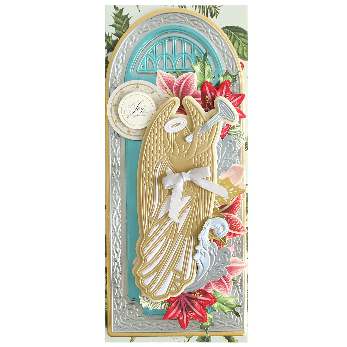 A Christmas card featuring a golden angel figure, red and white flowers, and an ornate arch design with a blue background, perfect for spiritual holiday projects using Angelic 3D Slimline Dies.