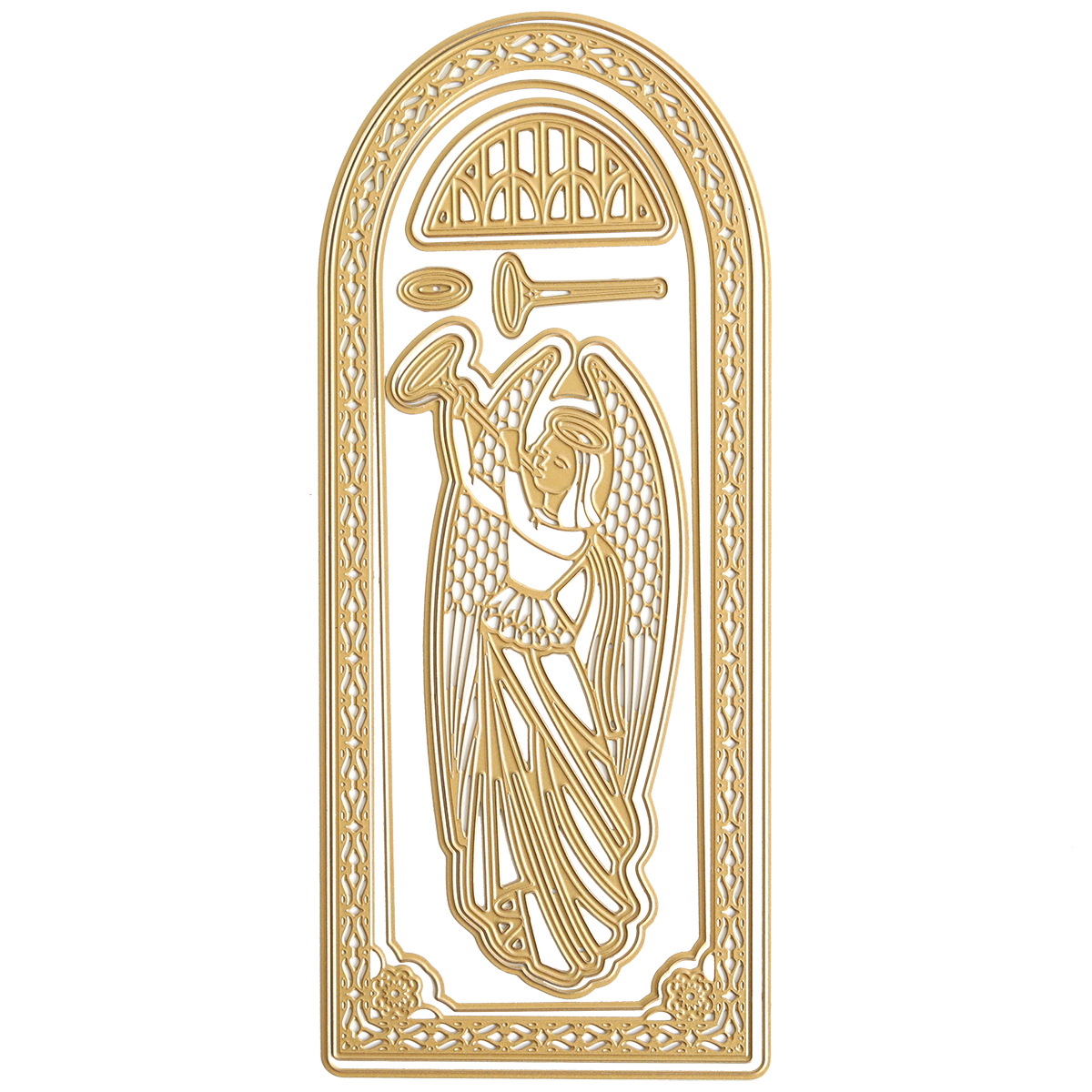 A gold-colored ornate plaque featuring an angel with wings blowing a trumpet, embossed inside an arched frame with intricate designs. Perfect for spiritual holiday projects, it adds a heavenly touch to your Christmas cards or Angelic 3D Slimline Dies creations.