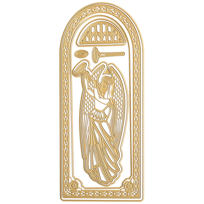 A gold-colored ornate plaque featuring an angel with wings blowing a trumpet, embossed inside an arched frame with intricate designs. Perfect for spiritual holiday projects, it adds a heavenly touch to your Christmas cards or Angelic 3D Slimline Dies creations.