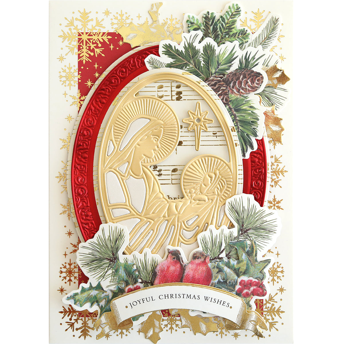 Festive Christmas card featuring an ornate depiction of Madonna 3D Frame Dies in gold, surrounded by pine cones, berries, and greenery. The card incorporates intricate Christmas crafts and wishes "Joyful Christmas Wishes" at the bottom.