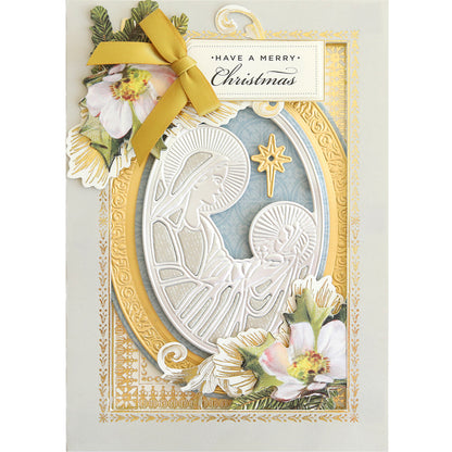 A Christmas card with a gold and white embossed image of the Madonna & Child, adorned with flowers and a yellow ribbon, and the text "Have a Merry Christmas." Perfect for those who enjoy Madonna 3D Frame Dies.