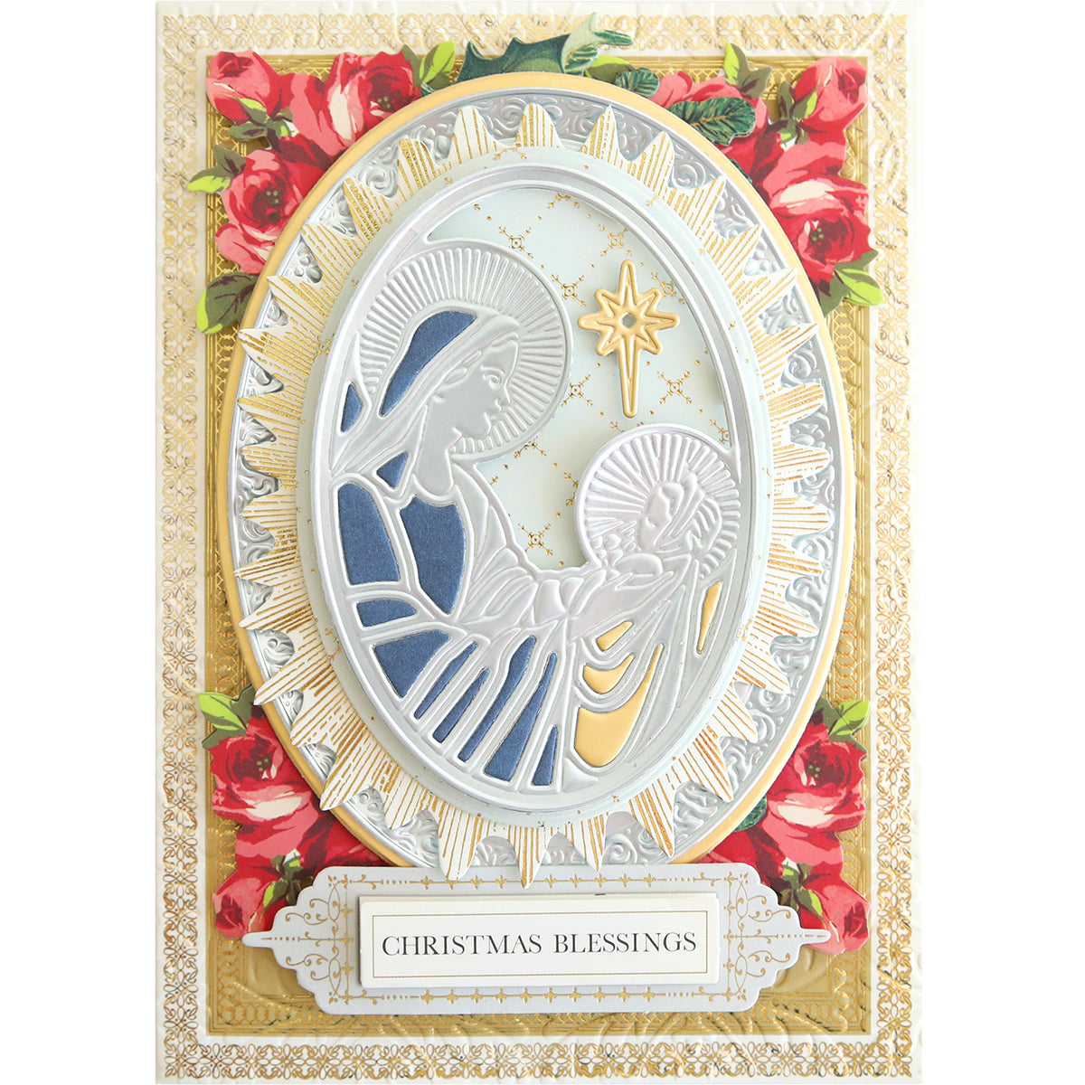 A detailed Christmas card featuring an ornate illustration of Madonna & Child with a star above, surrounded by a gold floral border, and the text "Christmas Blessings" at the bottom—perfect for those who enjoy using Madonna 3D Frame Dies in their Christmas crafts.