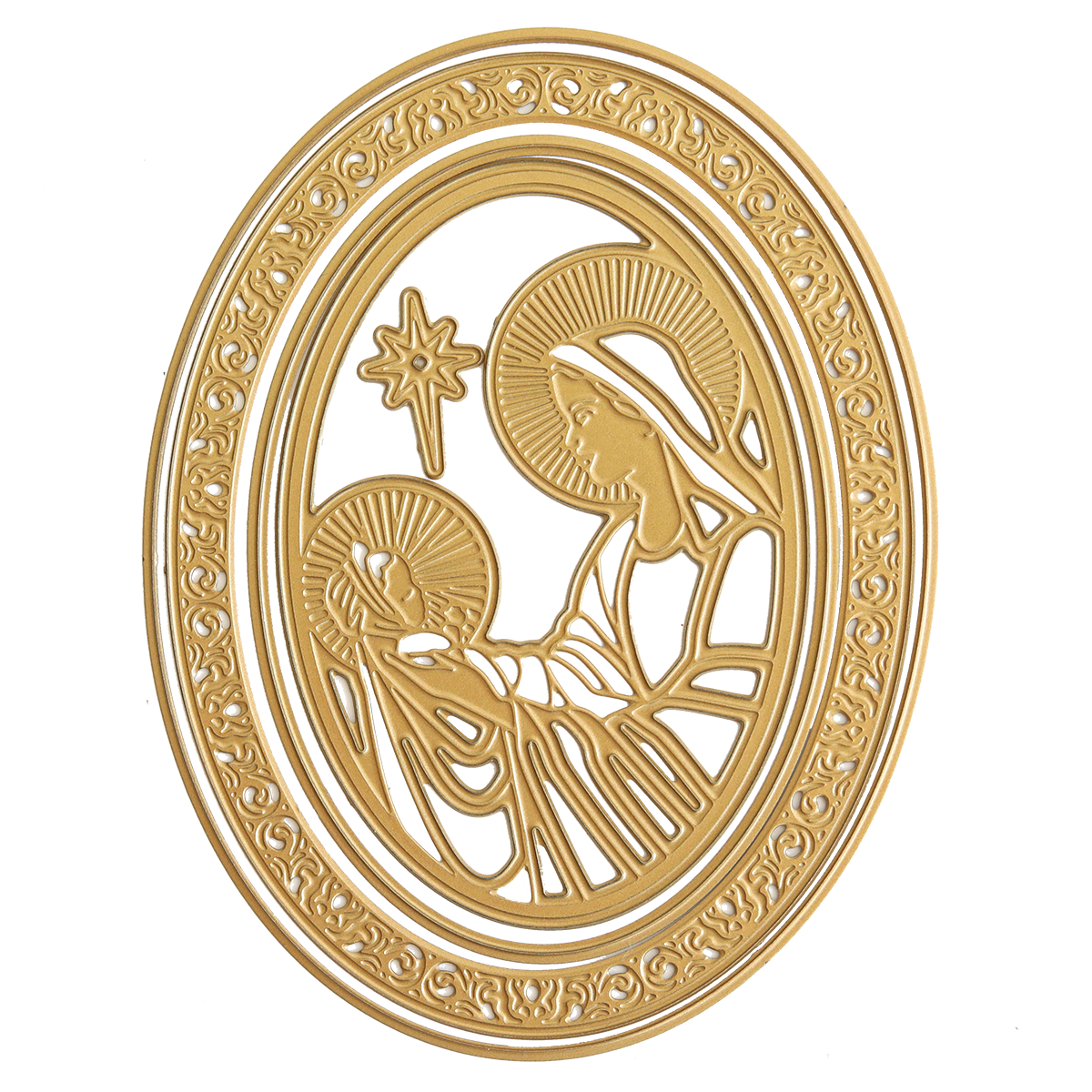 Golden oval bas-relief featuring a depiction of the Madonna & Child with a star above them, surrounded by an ornate border. Perfect for Christmas crafts, this intricate design can be highlighted using Madonna 3D Frame Dies to create a stunning holiday piece.