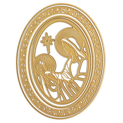 Golden oval bas-relief featuring a depiction of the Madonna & Child with a star above them, surrounded by an ornate border. Perfect for Christmas crafts, this intricate design can be highlighted using Madonna 3D Frame Dies to create a stunning holiday piece.