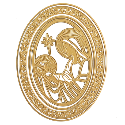 Golden oval bas-relief featuring a depiction of the Madonna & Child with a star above them, surrounded by an ornate border. Perfect for Christmas crafts, this intricate design can be highlighted using Madonna 3D Frame Dies to create a stunning holiday piece.