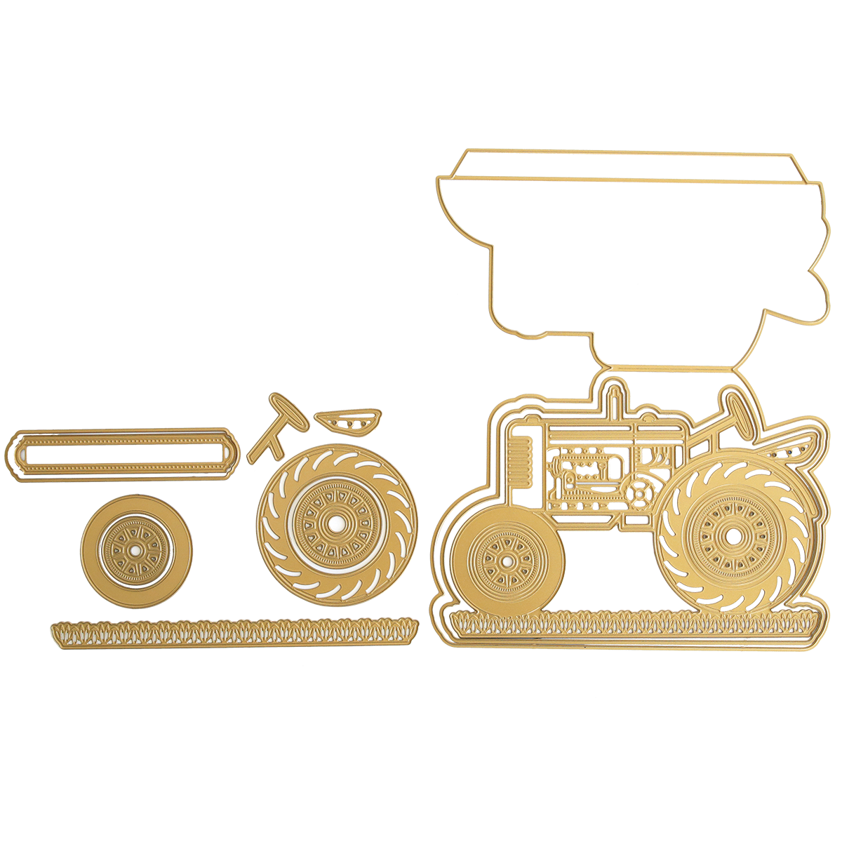 Illustration of a golden outline of a vintage tractor with separate parts, including two wheels and a rectangular segment—ideal for creating with the 12 dies in your Tractor Easel Dies set.