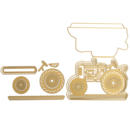 Illustration of a golden outline of a vintage tractor with separate parts, including two wheels and a rectangular segment—ideal for creating with the 12 dies in your Tractor Easel Dies set.