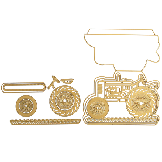 Illustration of a golden outline of a vintage tractor with separate parts, including two wheels and a rectangular segment—ideal for creating with the 12 dies in your Tractor Easel Dies set.