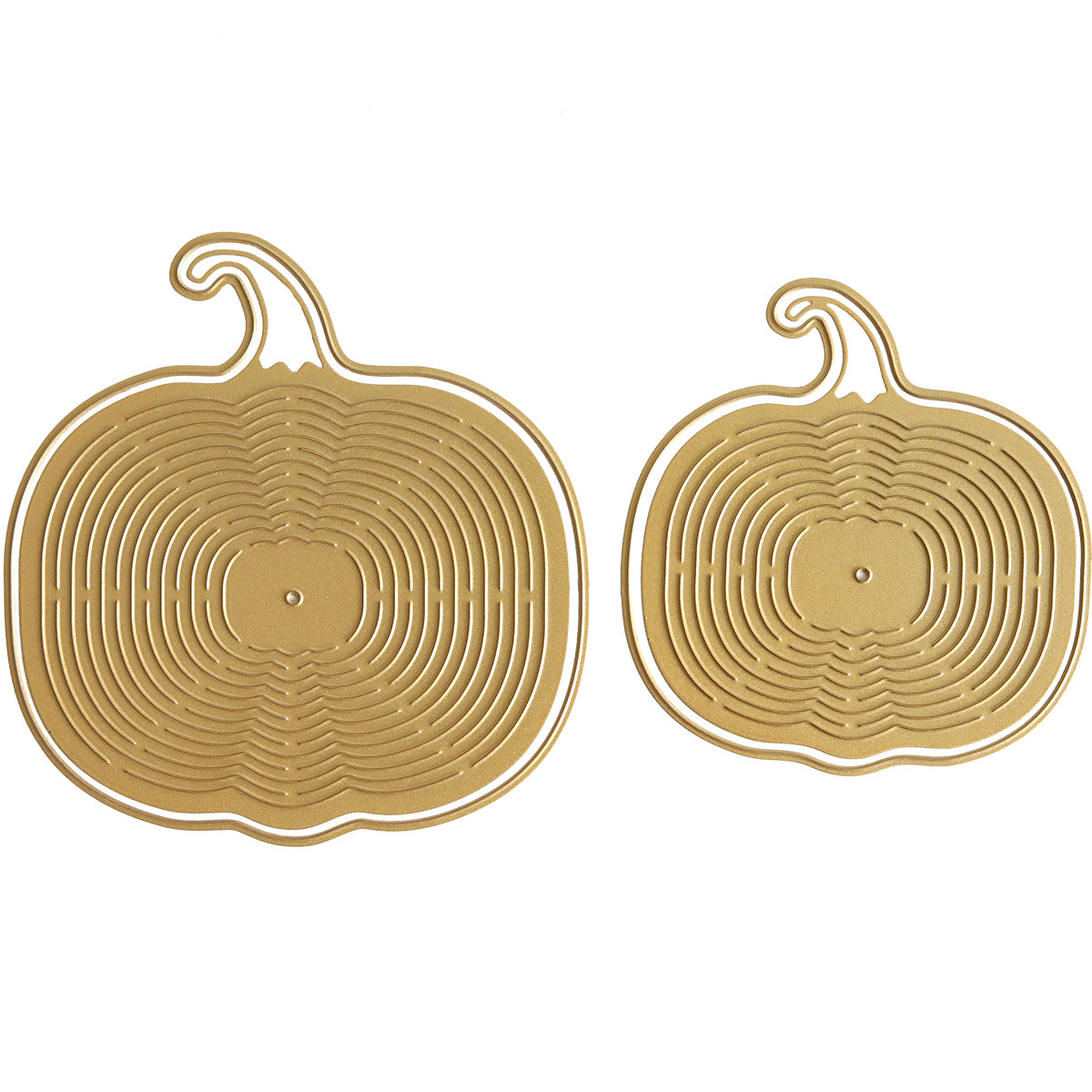 Two pumpkin-shaped decor items, known as Pumpkin Kirigami Dies, feature a gold-colored finish with an intricate concentric line pattern. Placed side by side against a white background, the larger Pumpkin Kirigami Die is positioned on the left while the smaller one sits on the right.