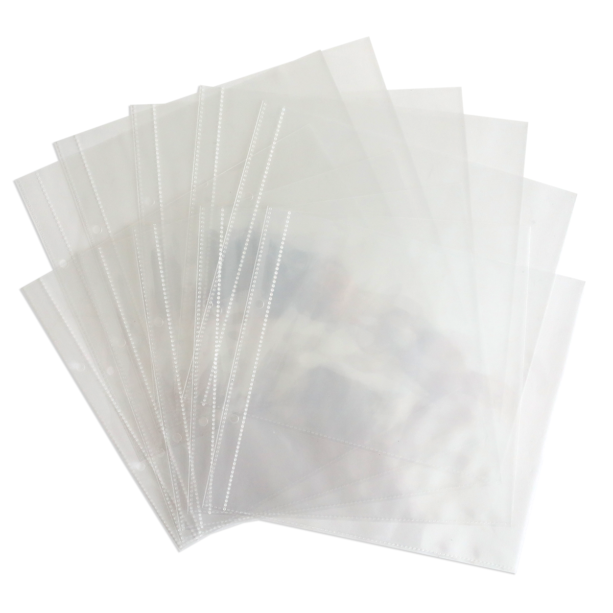 A stack of 8 x 8 Page Protectors 10 count, perfect for 8x8 scrapbook pages, fanned out and placed on a white surface.