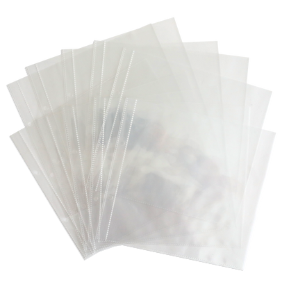 A stack of 8 x 8 Page Protectors 10 count, perfect for 8x8 scrapbook pages, fanned out and placed on a white surface.