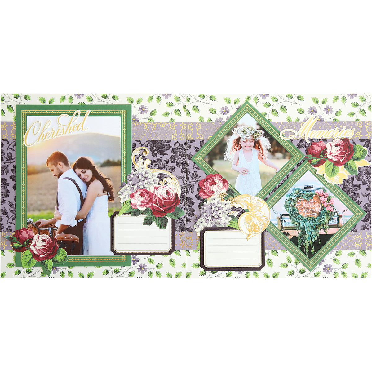 A commemorative layout from the Simply Astrid Mini Album features three framed photos: one of a couple, another of a woman in a dress, and the third depicting a decorated sign. Decorative flowers and label spaces are artfully arranged around the images, with "Cherished" and "Memories" inscribed on it. This mini scrapbook kit is perfect for preserving special moments.