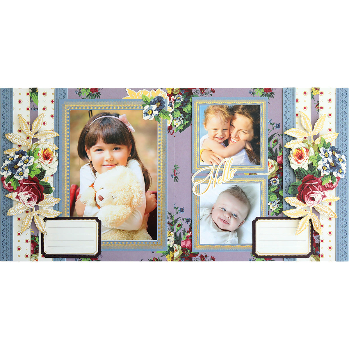 A Simply Astrid Mini Album page with three photos of young children, adorned with floral embellishments and a "Hello" text. This charming mini scrapbook kit includes blank spaces for captions or notes, making it perfect for personalizing your memories.