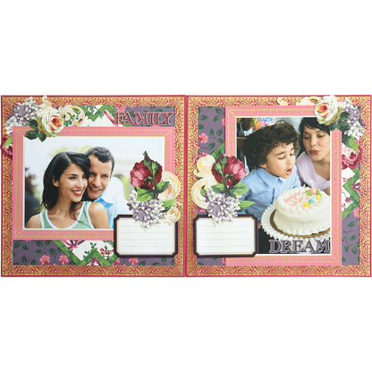 Introducing a delightful two-page scrapbook layout from our Simply Astrid Mini Album. It features a heartwarming family photo on the left and an endearing image of a child blowing out cake candles on the right. The pages are beautifully adorned with floral embellishments and decorative borders, providing ample blank spaces for your personalized text.