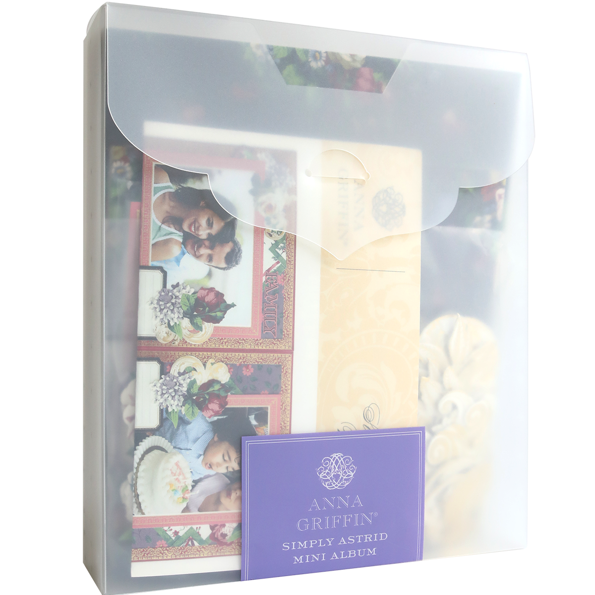 A Simply Astrid Mini Album by Anna Griffin is enclosed in a plastic envelope, showcasing a delightful collage of visible photos and decorative elements inside.