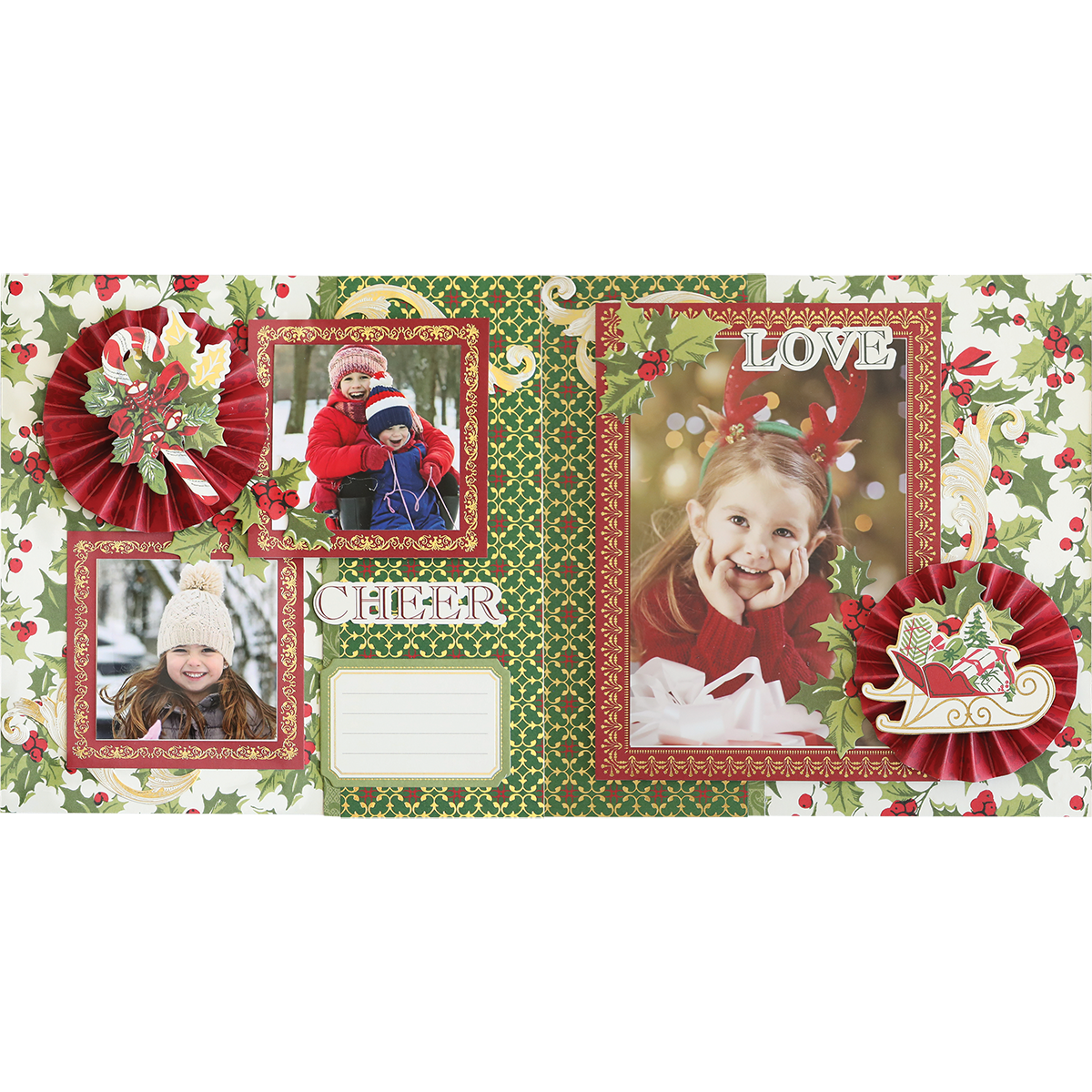 A festive scrapbook page from the Simply Noel Mini Album featuring three framed photos of children in winter attire. The page is adorned with holiday-themed designs and includes the words "LOVE" and "CHEER," celebrating family traditions.