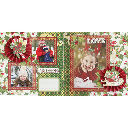 A festive scrapbook page from the Simply Noel Mini Album featuring three framed photos of children in winter attire. The page is adorned with holiday-themed designs and includes the words "LOVE" and "CHEER," celebrating family traditions.