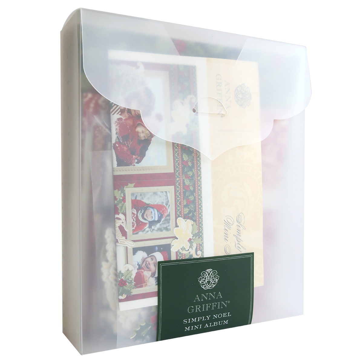 A frosted plastic folder holds a festive Simply Noel Mini Album by Anna Griffin, featuring Christmas-themed designs and a green label on the front, perfect for preserving cherished family traditions.