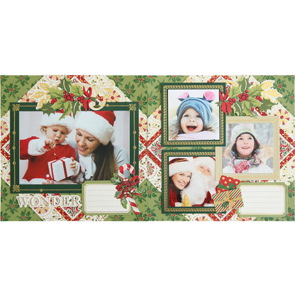 The Simply Noel Mini Album showcases a Christmas-themed scrapbook page, featuring four photos of a child and family members, adorned with festive patterns, holly, and ribbon accents. It captures cherished Christmas traditions in a beautifully decorated mini album.