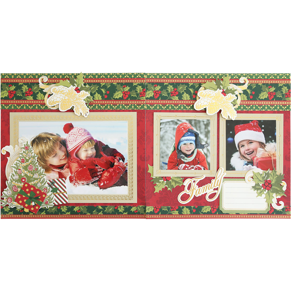 Decorative holiday scrapbook page featuring three photos of children in winter attire, framed with festive Christmas designs and holly patterns, labeled "Family Traditions," created using the Simply Noel Mini Album.