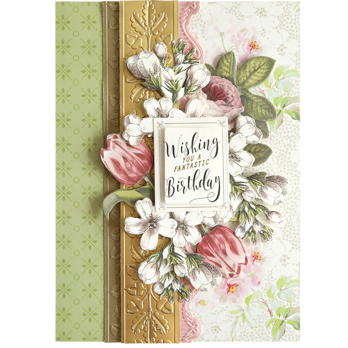 A 12" Cut and Emboss Folder Autoship birthday card, embellished with decorative accents and featuring the message "Wishing You a Fantastic Birthday," is surrounded by floral motifs and intricate patterns, offering the charm of scrapbook pages.