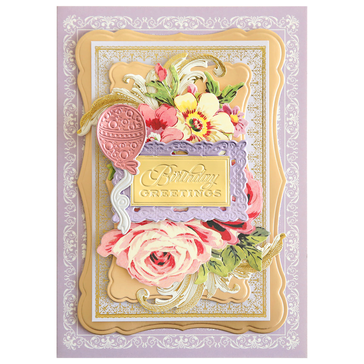 Presenting the Celebrations 3D Embellishment Dies: a decorative birthday card creation featuring ornate floral designs, a gold embossed frame, and the text "Birthday Greetings" in the center. This versatile set allows you to mix and match words to craft messages for a variety of occasions.