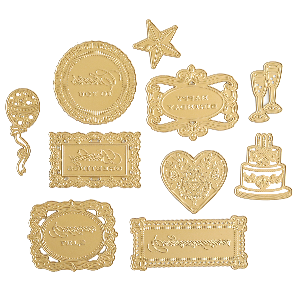 The Celebrations 3D Embellishment Dies offer gold-colored embossed decorations, including frames, a heart, cake, champagne glasses, starfish, and various greeting phrases perfect for celebrating an anniversary.