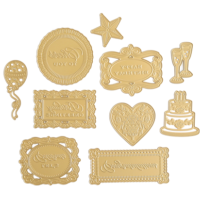 The Celebrations 3D Embellishment Dies offer gold-colored embossed decorations, including frames, a heart, cake, champagne glasses, starfish, and various greeting phrases perfect for celebrating an anniversary.