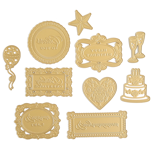 The Celebrations 3D Embellishment Dies offer gold-colored embossed decorations, including frames, a heart, cake, champagne glasses, starfish, and various greeting phrases perfect for celebrating an anniversary.