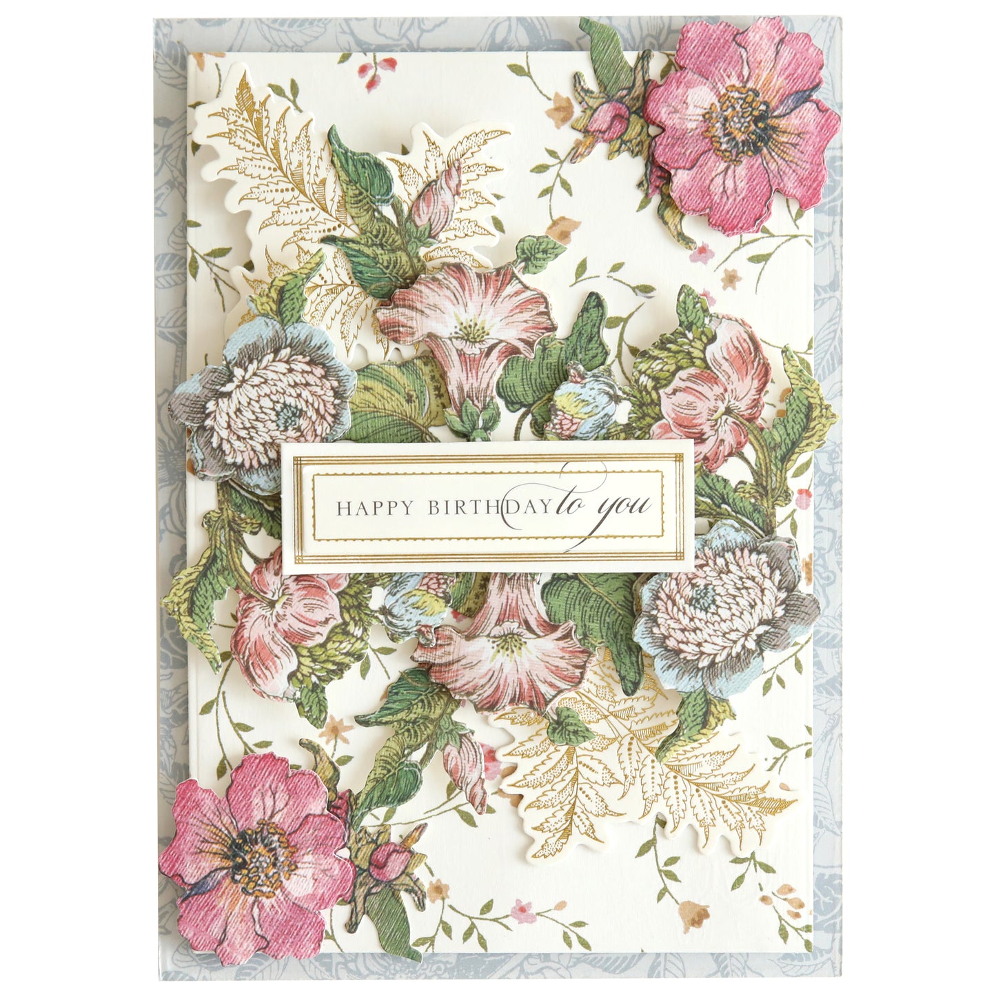 A birthday card featuring "Happy Birthday to you" centered and surrounded by intricate, colorful designs from the Wildflower Meadow Stickers, showcasing pink, green, and white petals.