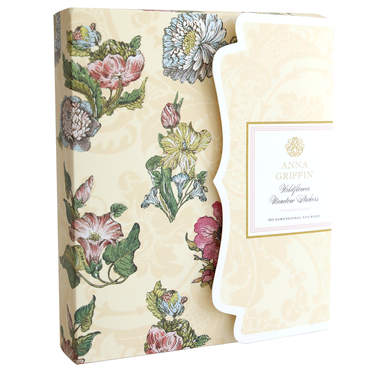 Decorative box with floral design containing "Wildflower Meadow Stickers" by Anna Griffin. The box features colorful flowers, reminiscent of a Wildflower Meadow, and a label with the product name.