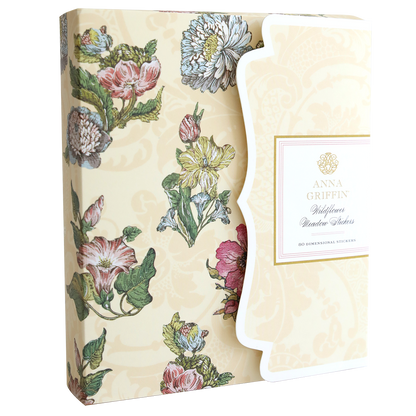 Decorative box with floral design containing "Wildflower Meadow Stickers" by Anna Griffin. The box features colorful flowers, reminiscent of a Wildflower Meadow, and a label with the product name.