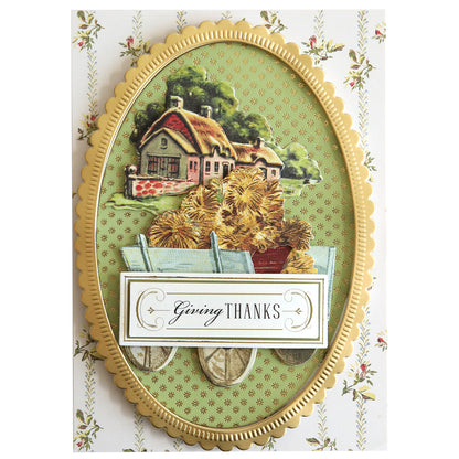 Cornucopia Harvest Easel Card Set featuring an oval easel card with a cottage, a cart filled with wheat, and a “Giving THANKS” label.