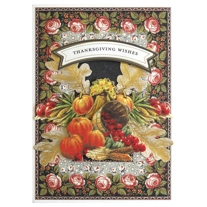 A Thanksgiving card showcasing a cornucopia overflowing with pumpkins, grapes, and various fruits. The card is accented with a floral border and a "Thanksgiving Wishes" banner, all elegantly enhanced with Harvest Embellishment Stickers for that perfect touch of rustic charm.