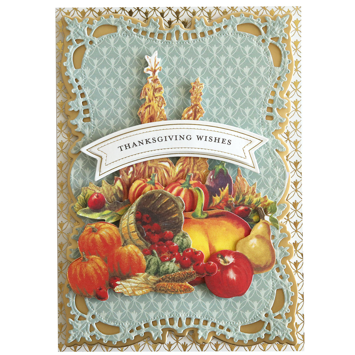 The Thanksgiving card, adorned with intricate patterns and a harvest scene showcasing pumpkins, corn, apples, and various other fruits and vegetables, radiates rustic charm with its "Thanksgiving Wishes" message. It truly captures the holiday spirit when enhanced with Harvest Embellishment Stickers.