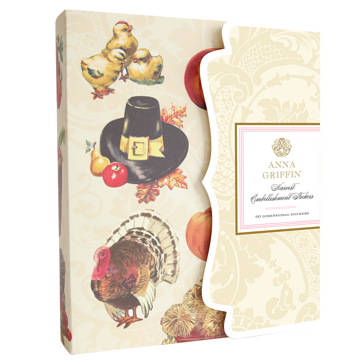 A package of "Harvest Embellishment Stickers" features Thanksgiving-themed designs, including a turkey, fruits, and a pilgrim hat, all exuding rustic charm. These stickers add a touch of seasonal elegance to any project.