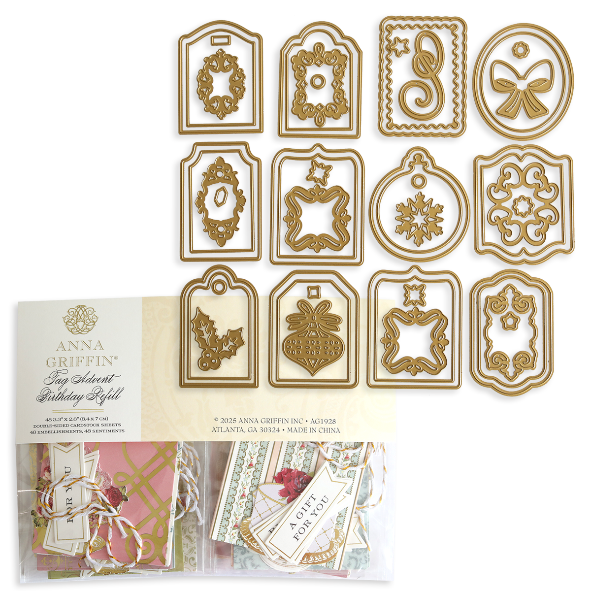 Creative Birthday Tags and Dies: twelve gold-colored metal cutting dies arranged in three rows above a package of birthday gift tags and floral embellishments.