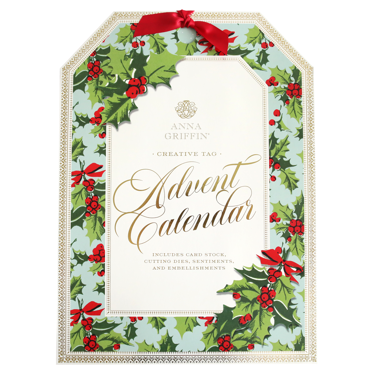 Advent calendar packaging decorated with green leaves, red berries, and red bows, labeled "Creative Tags Advent Calendar," and includes card stock, cutting dies, sentiments, and embellishments.