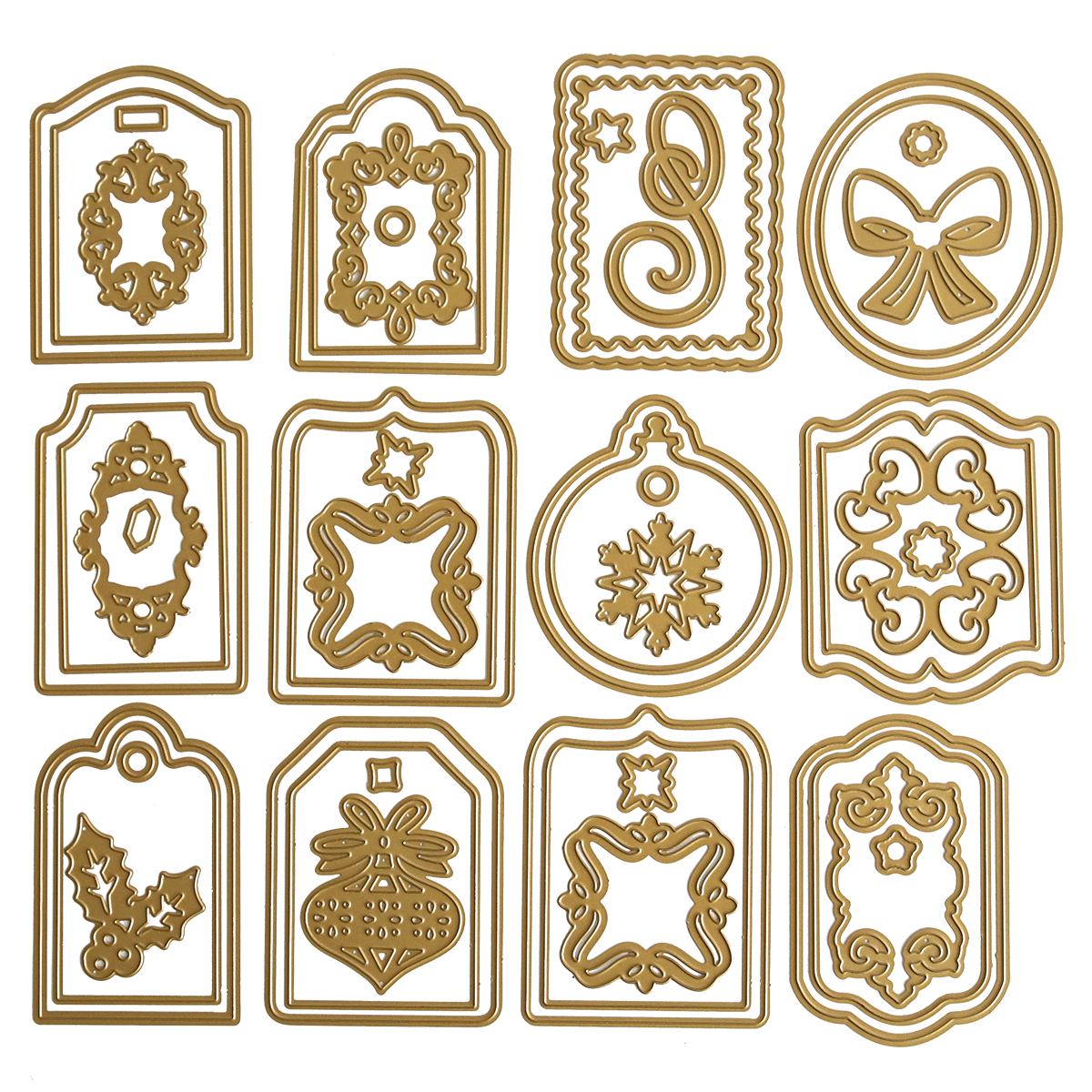 The Creative Tag Dies set includes twelve gold metal cutting dies featuring wreaths, bows, snowflakes, holly, and frames—perfect for handmade tags or Advent Calendar accents—arranged in a 3x4 grid on a white background.