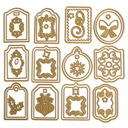 The Creative Tag Dies set includes twelve gold metal cutting dies featuring wreaths, bows, snowflakes, holly, and frames—perfect for handmade tags or Advent Calendar accents—arranged in a 3x4 grid on a white background.