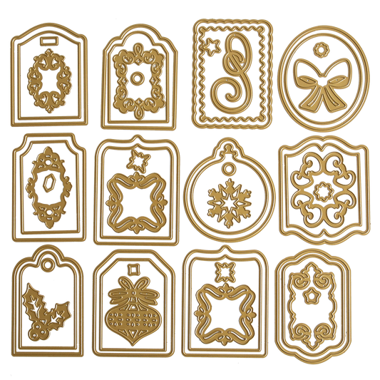 The Creative Tag Dies set includes twelve gold metal cutting dies featuring wreaths, bows, snowflakes, holly, and frames—perfect for handmade tags or Advent Calendar accents—arranged in a 3x4 grid on a white background.