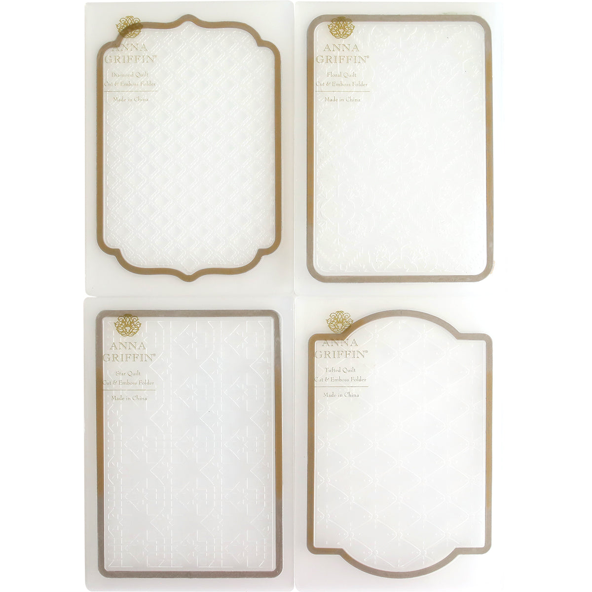 Displayed on a white background, the Quilted Layer Cut & Emboss Folders feature four exquisite decorative frame templates with intricate patterns. Perfect for crafting cards, each frame boasts a distinctive shape: rectangular, oval-topped, arch-topped, and ornate square.