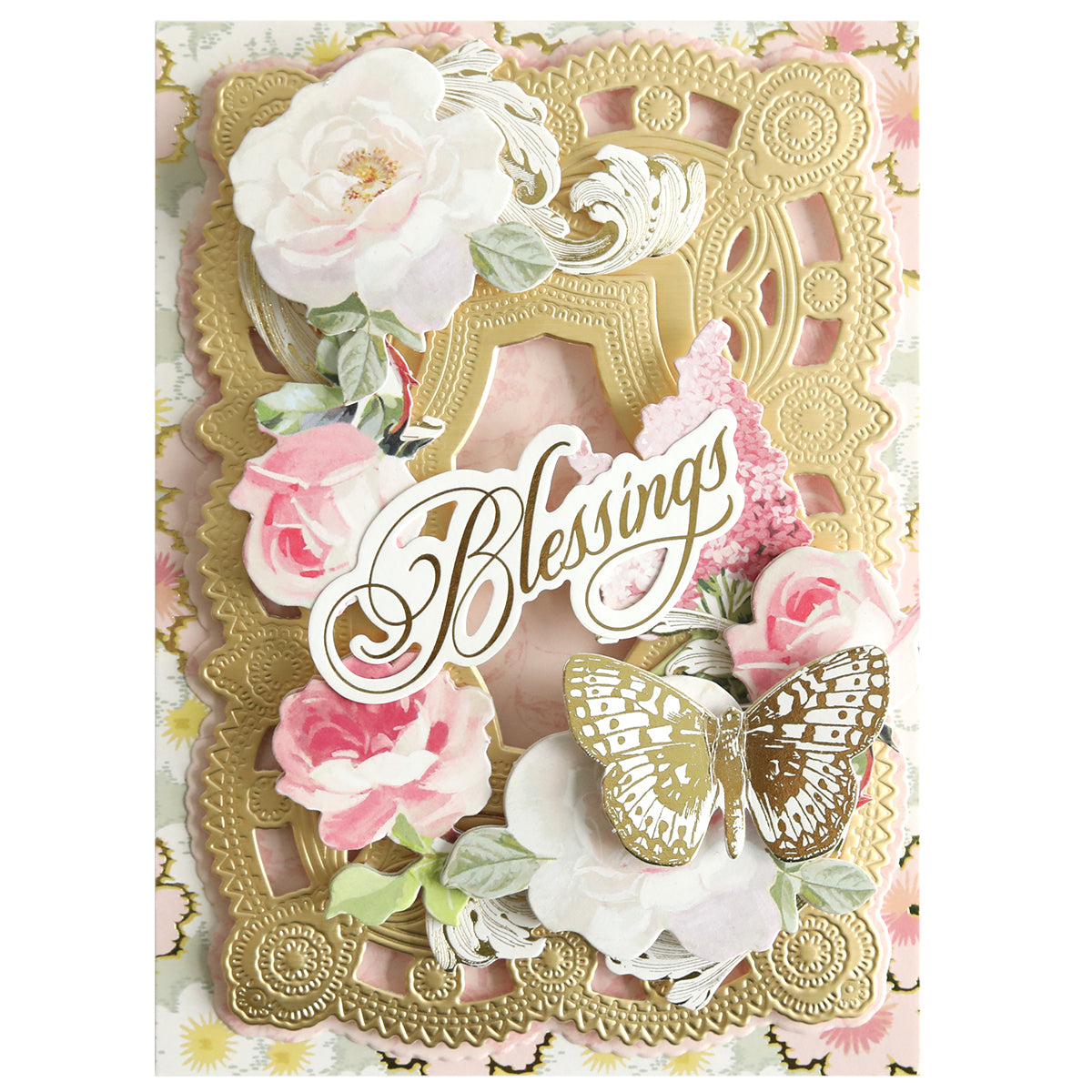 A decorative greeting card with the word "Blessings" in script, featuring Perfect Title Stickers, gold ornate details, white and pink flowers, and a gold butterfly embellishment.