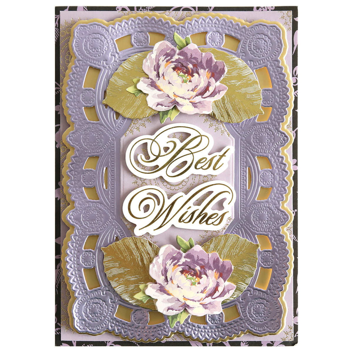 A decorative card, named "Perfect Title Stickers," featuring the message "Best Wishes" along with intricate floral designs and ornate patterns in shades of purple, cream, and gold, ideal for enhancing your scrapbook pages.