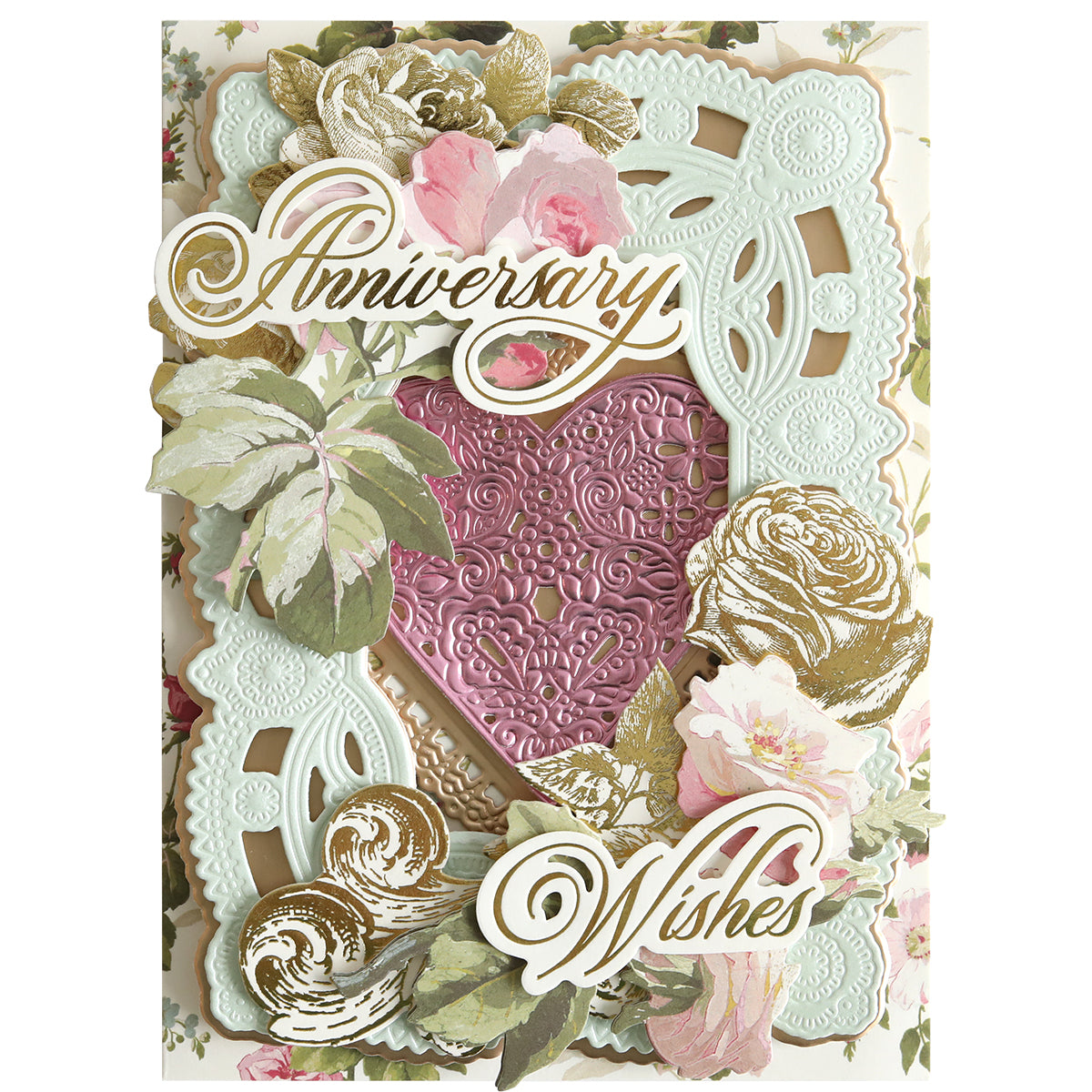 A set of Perfect Title Stickers, featuring an intricate heart design, floral patterns, and the text "Anniversary Wishes" in elegant script, perfect for adding a touch of elegance to your scrapbook pages.