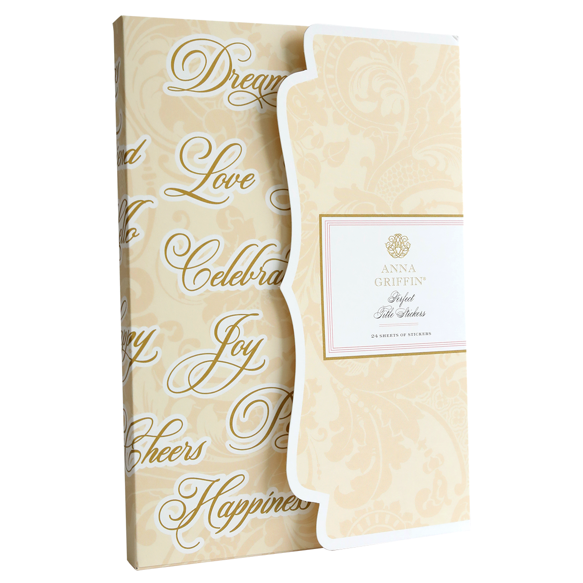 A cream-colored box with decorative text contains 24 sheets of stickers from Anna Griffin, titled "Perfect Title Stickers," perfect for embellishing scrapbook pages.