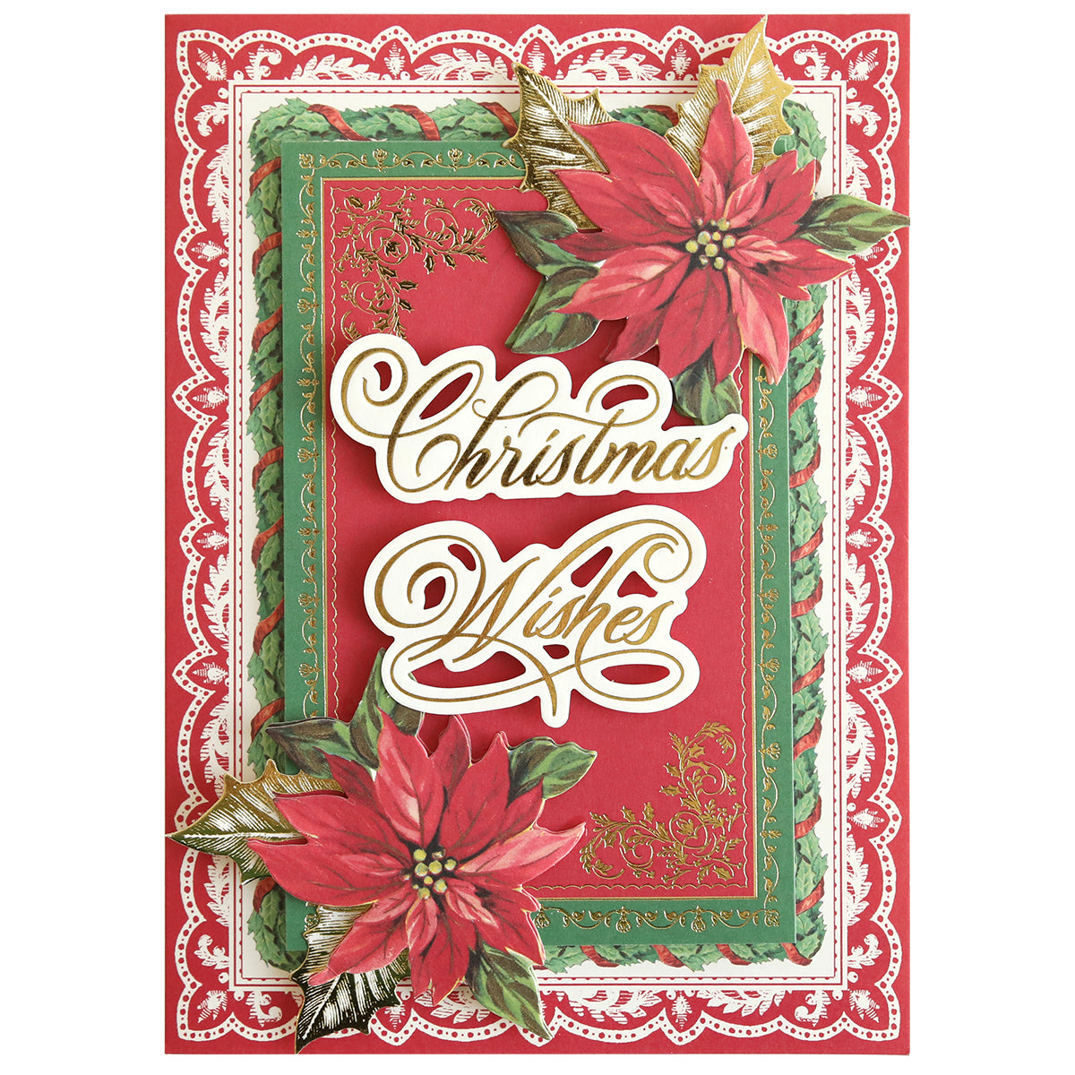 A Perfect Holiday Title Sticker featuring red and green floral accents and the text "Christmas Wishes" in cursive, ideal for adding charm to your scrapbook pages.