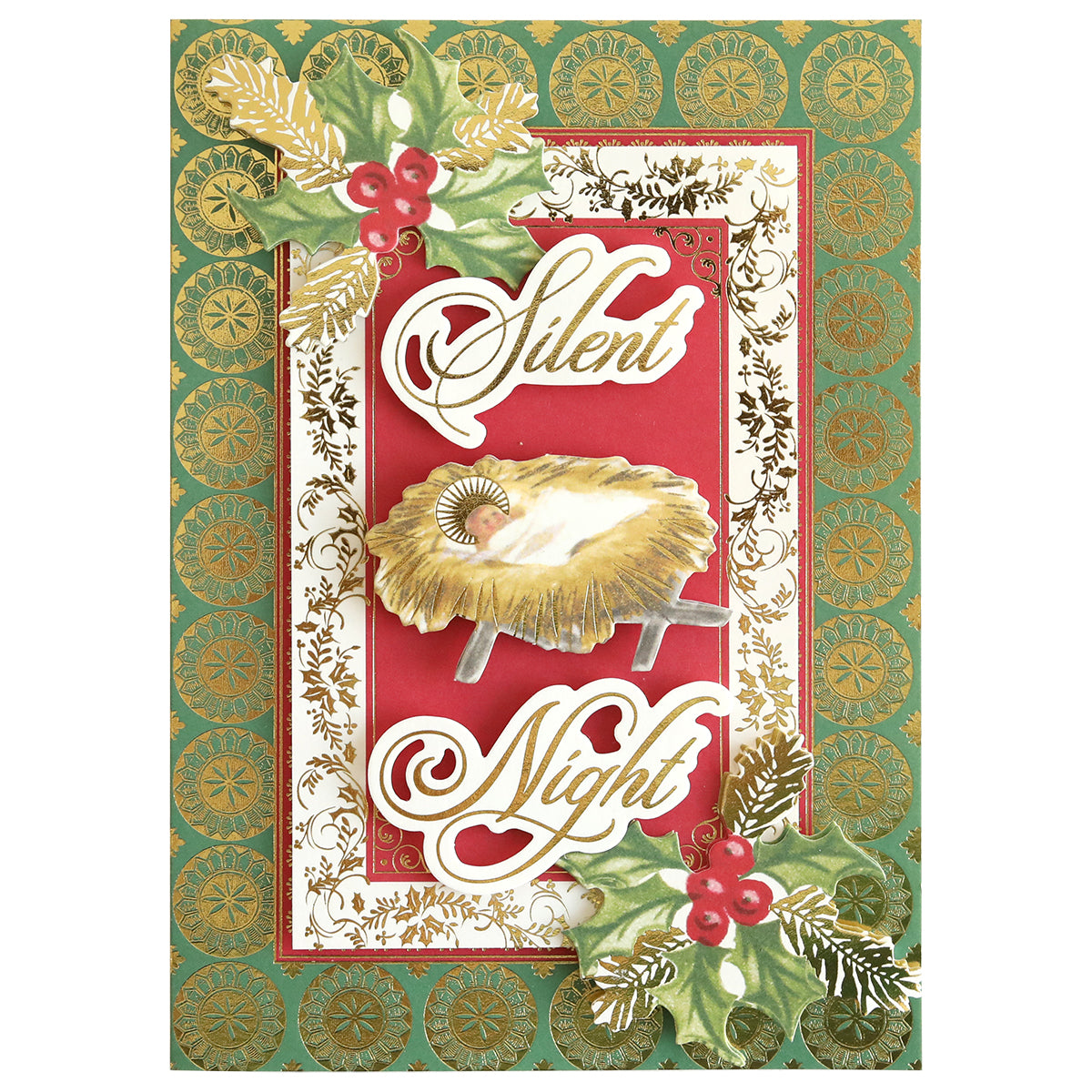 A decorative Christmas card, reminiscent of scrapbook pages, featuring "Silent Night" and an image of baby Jesus in a manger, surrounded by gold, green, and red floral and holly designs. The card includes Perfect Holiday Title Stickers for an extra festive touch.