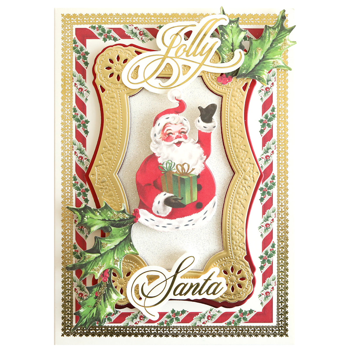 Introducing our Perfect Holiday Title Stickers! These festive title stickers feature a cheerful Santa Claus holding a present, accompanied by the words "Jolly" and "Santa" in elegant script. Enhanced with holly, gold accents, and premium foil, they are ideal for crafting beautiful holiday cards or adding a touch of holiday cheer to your scrapbook pages.